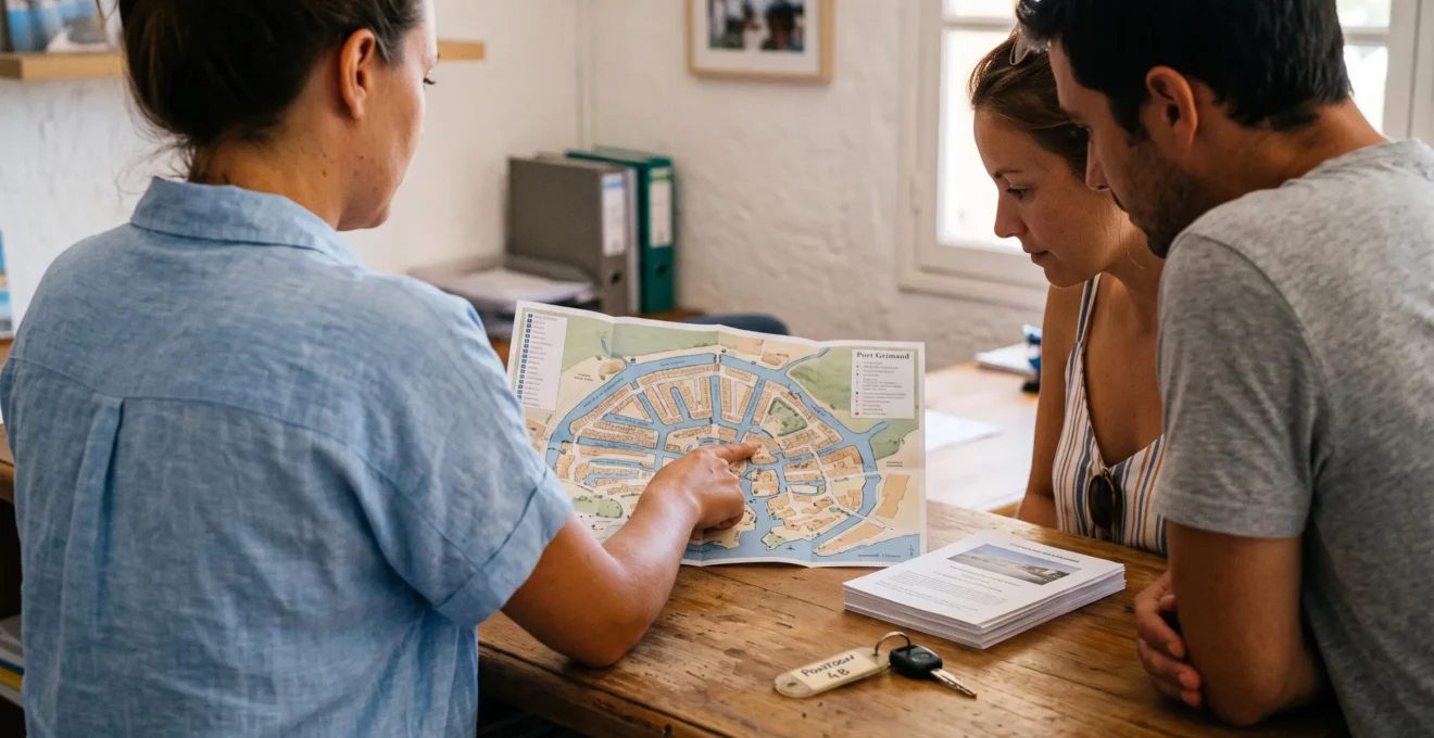 Un agent d'une agence locative montre à un couple une carte de Port Grimaud sur un comptoir en bois, en pointant un emplacement précis.