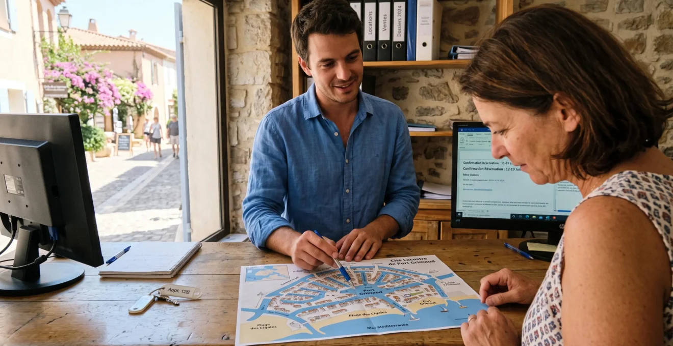 Un agent d'une agence immobilière locale montre un plan de Port Grimaud à un client au comptoir de l'agence.
