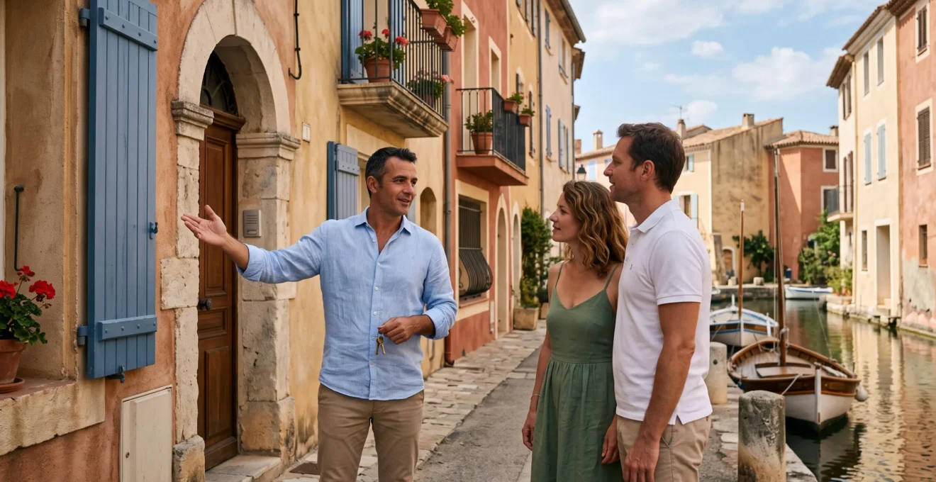 Un agent immobilier présente une maison à deux acheteurs dans une rue au bord d'un canal à Port Grimaud.