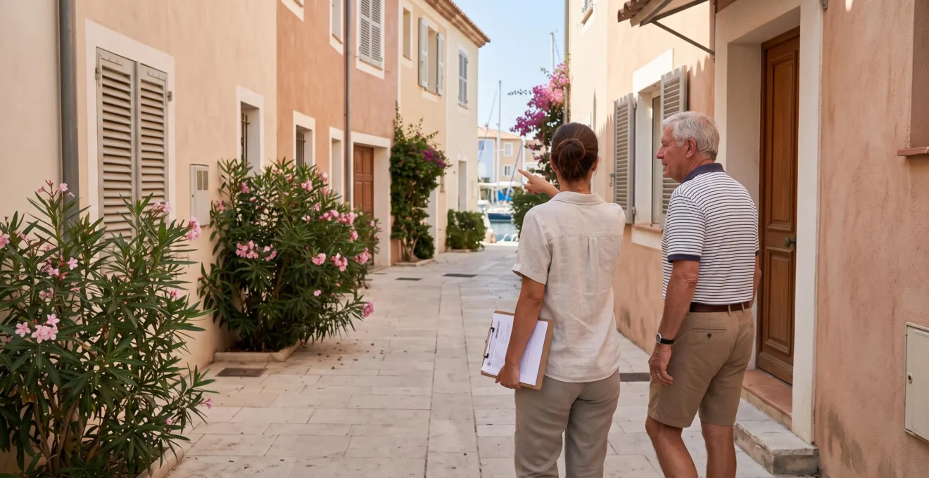 Un agent immobilier local fait visiter une maison à un propriétaire dans une rue de Port Grimaud.
