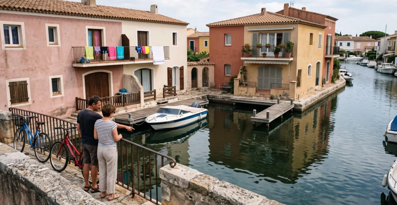 Un couple debout sur un petit pont observe les maisons et les amarrages privés le long d'un canal étroit de Port Grimaud.