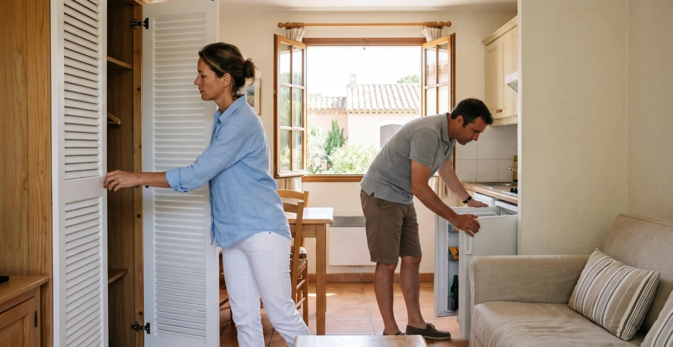 Un couple inspecte le séjour et la cuisine d'un appartement de vacances lumineux avant son séjour.