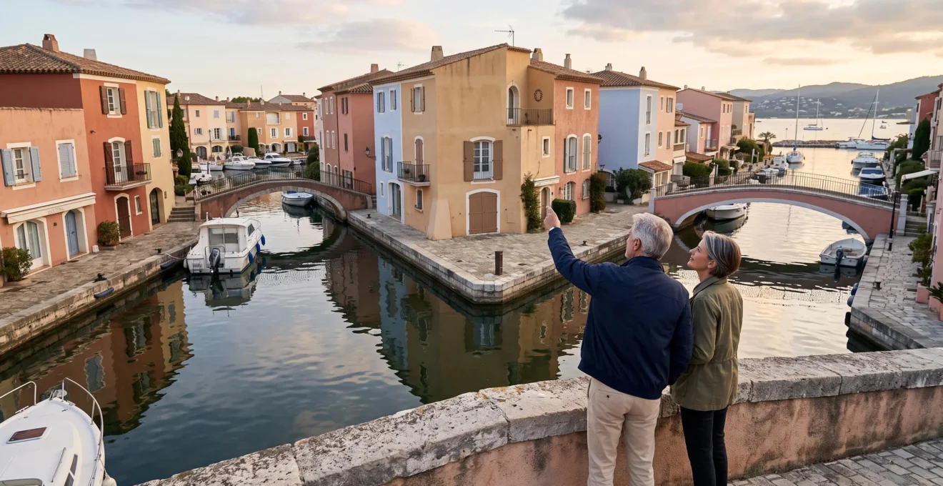 Un couple observe les maisons de Port Grimaud depuis un pont au-dessus d'un canal bordé de bateaux.