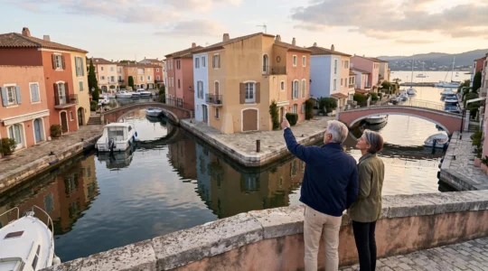 Un couple observe les maisons de Port Grimaud depuis un pont au-dessus d'un canal bordé de bateaux.