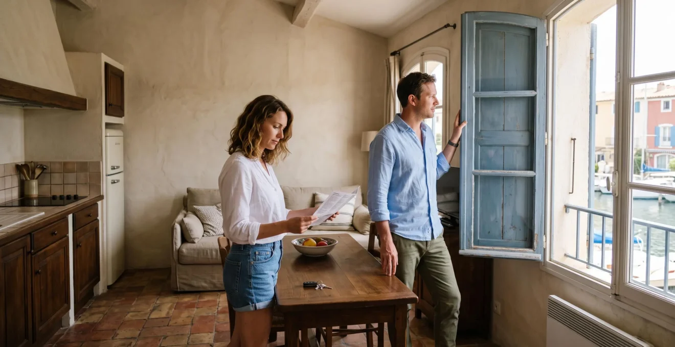 Un couple examine la pièce de vie et la cuisine d'un appartement de vacances à Port Grimaud à son arrivée.