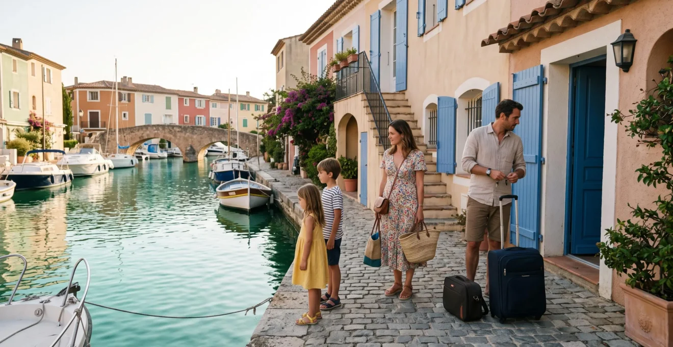 Une famille arrive devant un appartement loué avec valises sur le quai d'un canal à Port Grimaud, dans le Var.