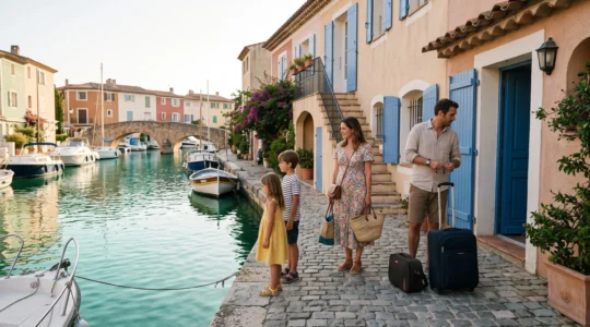 Une famille arrive devant un appartement loué avec valises sur le quai d'un canal à Port Grimaud, dans le Var.