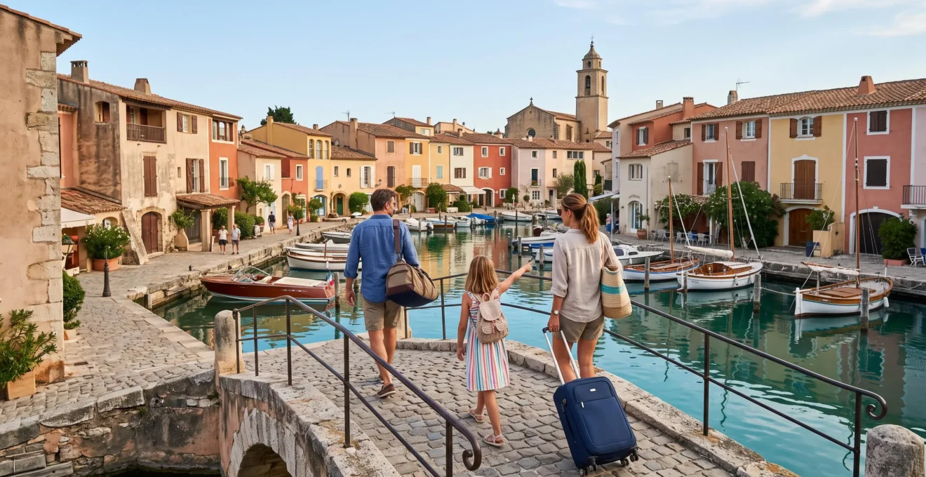 Une famille avec des valises traverse un pont de pierre au bord d'un canal de Port Grimaud, face aux maisons colorées du village.