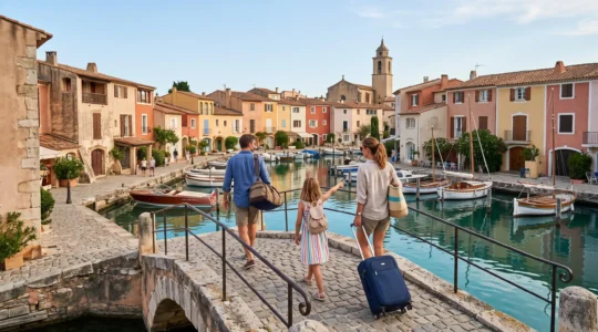 Une famille avec des valises traverse un pont de pierre au bord d'un canal de Port Grimaud, face aux maisons colorées du village.