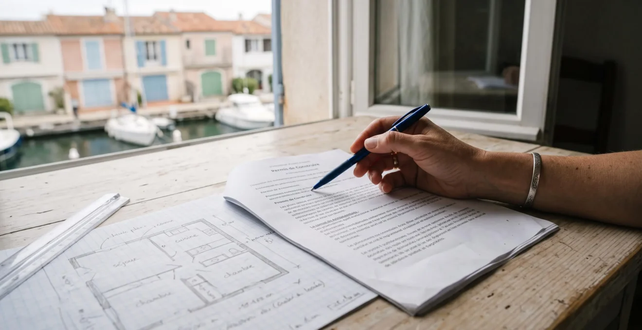 Une main tient un stylo et pointe une ligne d'un document immobilier posé sur une table près d'une fenêtre donnant sur un canal.