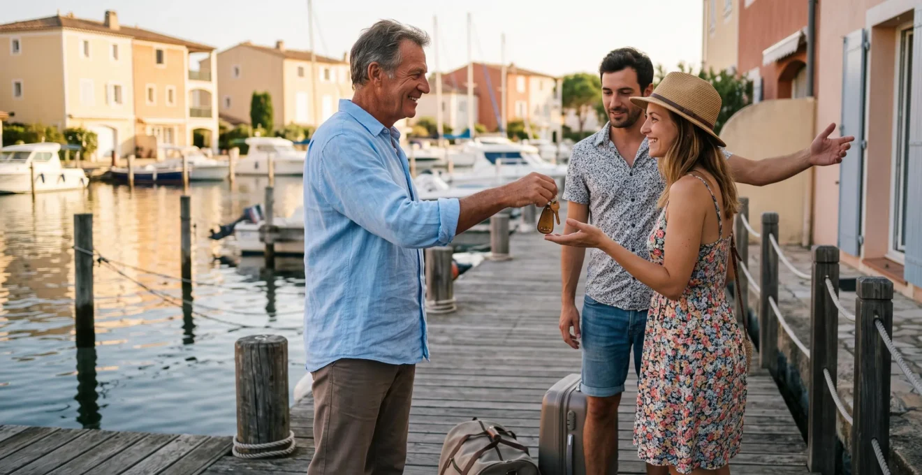 Un propriétaire remet les clés de sa maison lacustre à des vacanciers sur le ponton de Port Grimaud.