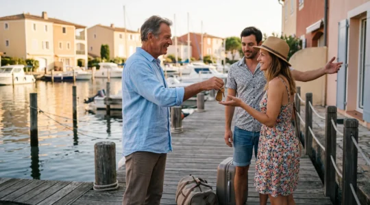 Un propriétaire remet les clés de sa maison lacustre à des vacanciers sur le ponton de Port Grimaud.