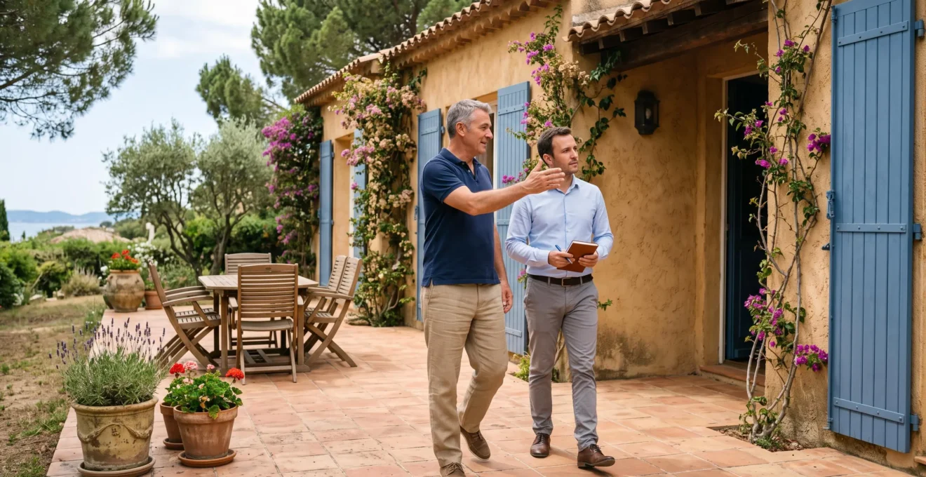 Un propriétaire et une employée d'agence visitent la terrasse d'une maison provençale destinée à la location saisonnière.