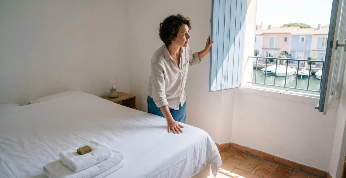 Une propriétaire vérifie la literie et les rangements d'une chambre avant l'arrivée des locataires.