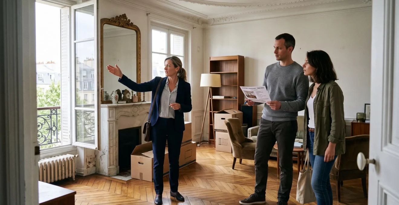 Un couple visite un appartement avec un agent immobilier qui leur présente la pièce principale.